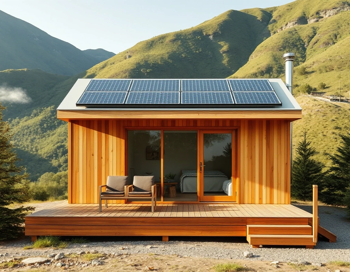 Horizontal shot, modern modular frame cottage for glamping or hotel, flat roof with solar panels, glass facade, wooden deck, surrounded by green mountains or hills, sunny day. —…