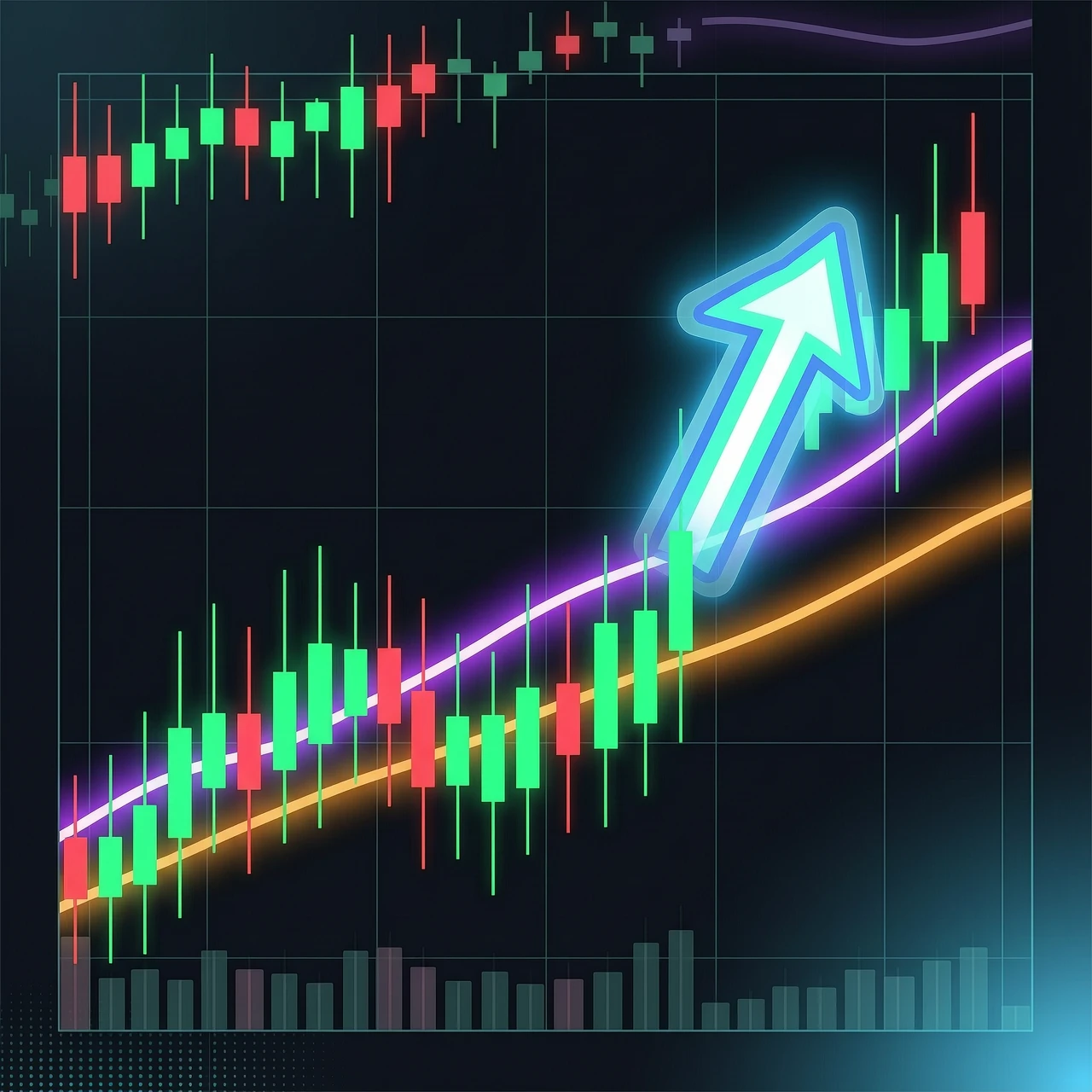 Create an image for a post in the style of a stock market terminal. Format: square 1080x1080. Dark background (#0a0e17). On the chart - candles (green and red). Two lines: EMA…
