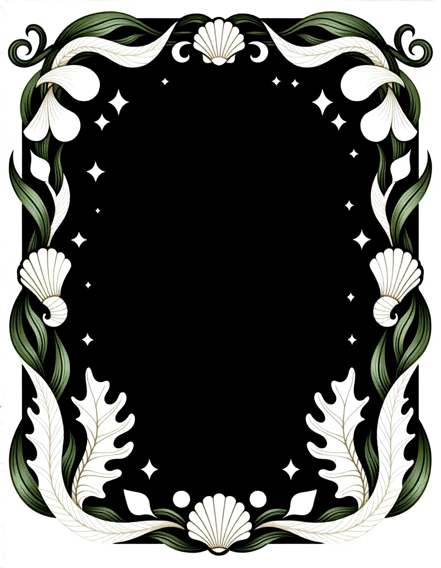 An elegant decorative frame for a fantasy book dictionary of an ancient underwater civilization. Pure white background. Fine black ink engraving, vintage scientific-book…