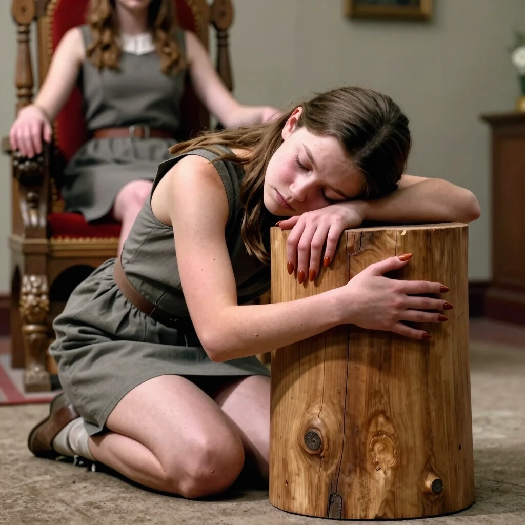 She is on her knees. To her right stands a wide wooden block in the shape of a sawn‑off stump. The girl rested her head on this block and wrapped her arms around it from the…