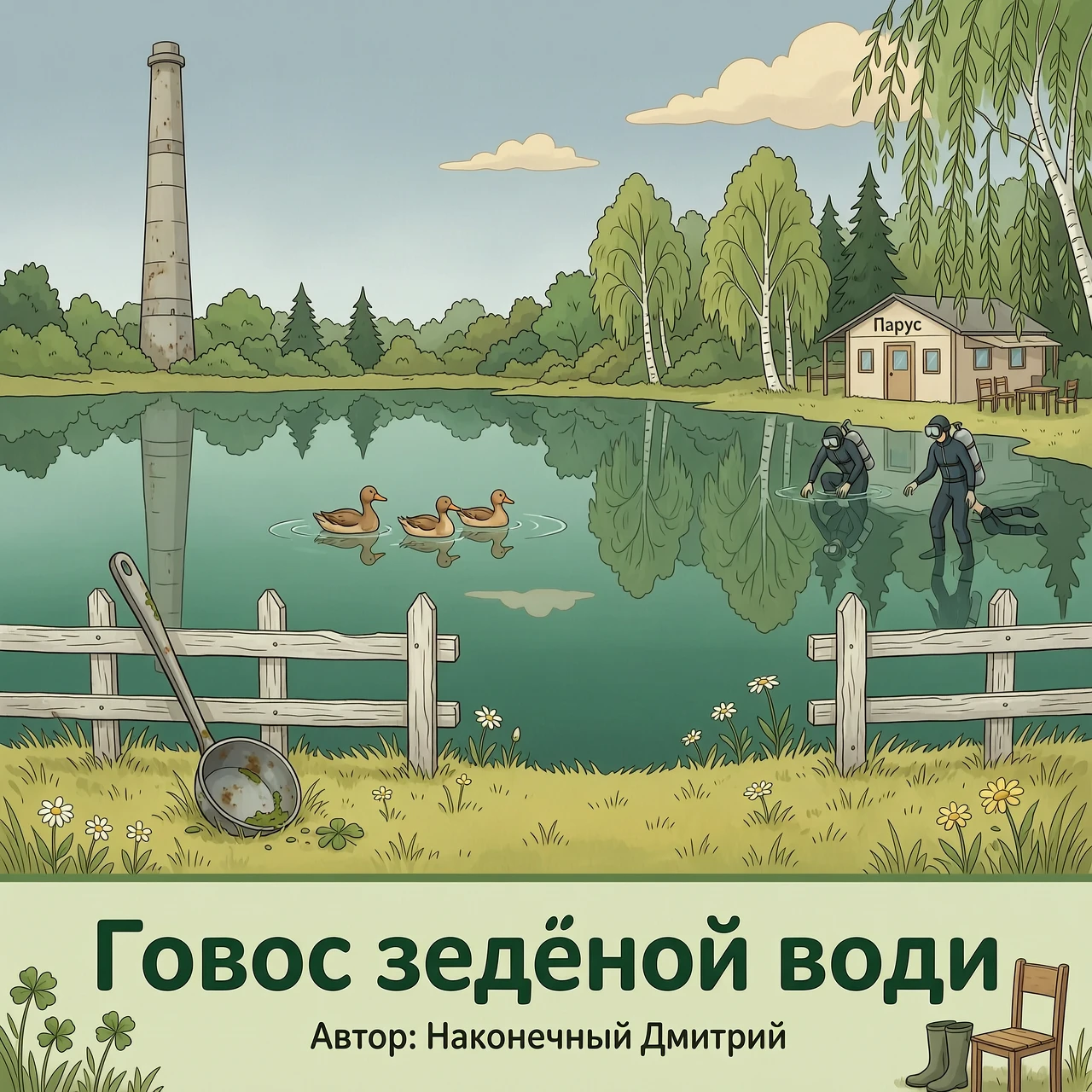 обложка книги. Вид с берега на Нытвенский пруд. На воде спокойно плавают 3 уточки. Слева высокая заводская труба — узнаваемая, как в Нытве. ОБЯЗАТЕЛЬНО наш символ Нытвенский…
