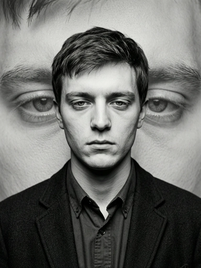 Close-up, conceptual portrait with double exposure, monochrome black-and-white processing, surreal psychological mood, unsettling double gaze Him (foreground): a young man…