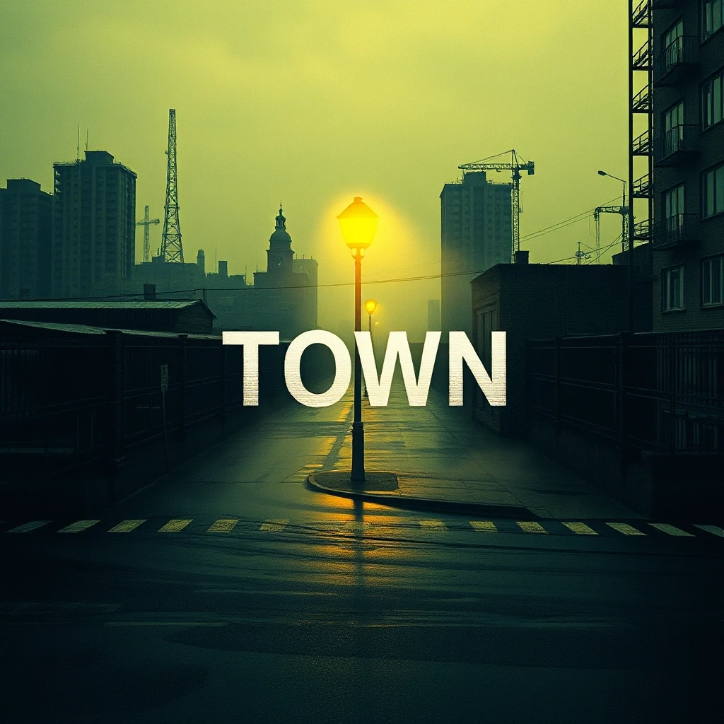 Album cover for a phonk track titled "Town", 1024x1024 pixels. Cinematic view of a menacing Eastern European or American industrial city skyline at 3 AM under heavy…