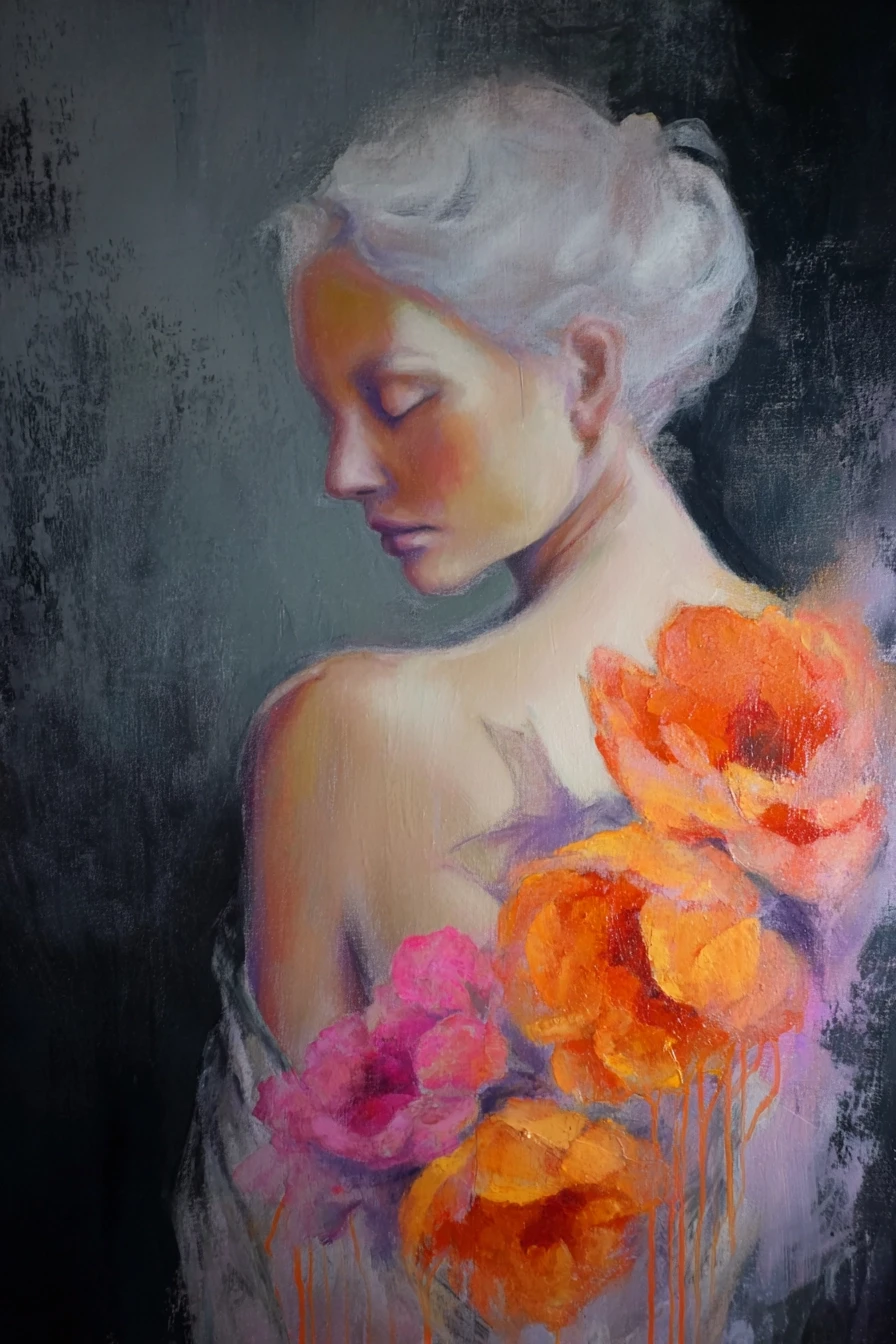 A mixed-media fine art portrait of a beautiful woman viewed from behind in soft profile, her eyes gently closed in calm introspection, with pale porcelain-like skin that glows…