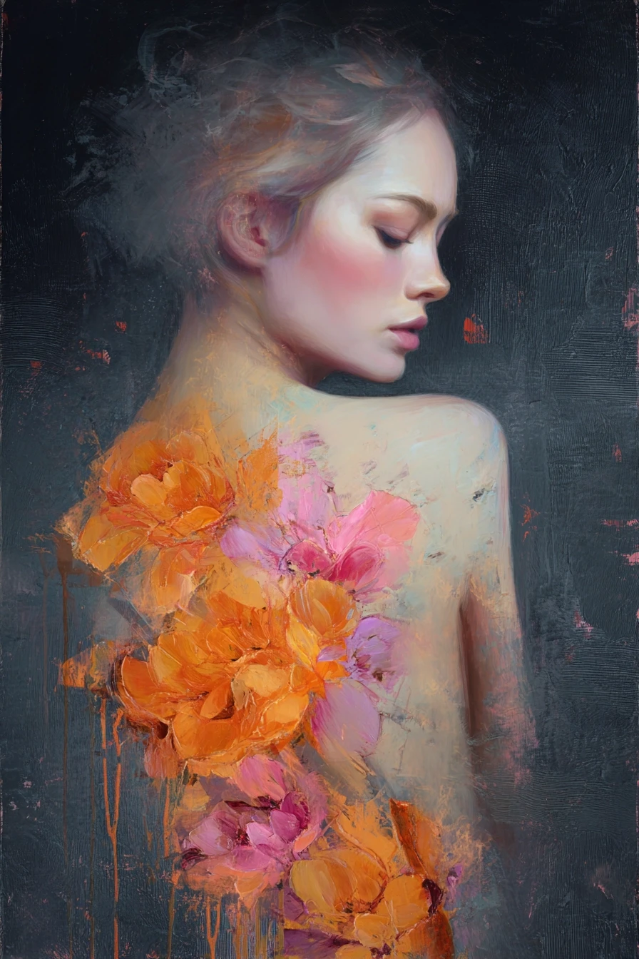 A mixed-media fine art portrait of a beautiful woman viewed from behind in soft profile, her eyes gently closed in calm introspection, with pale porcelain-like skin that glows…