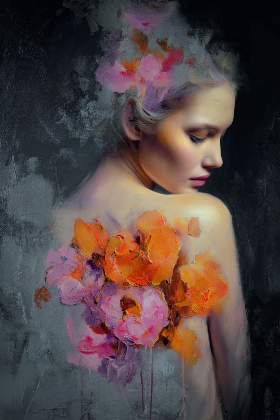 A mixed-media fine art portrait of a beautiful woman viewed from behind in soft profile, her eyes gently closed in calm introspection, with pale porcelain-like skin that glows…
