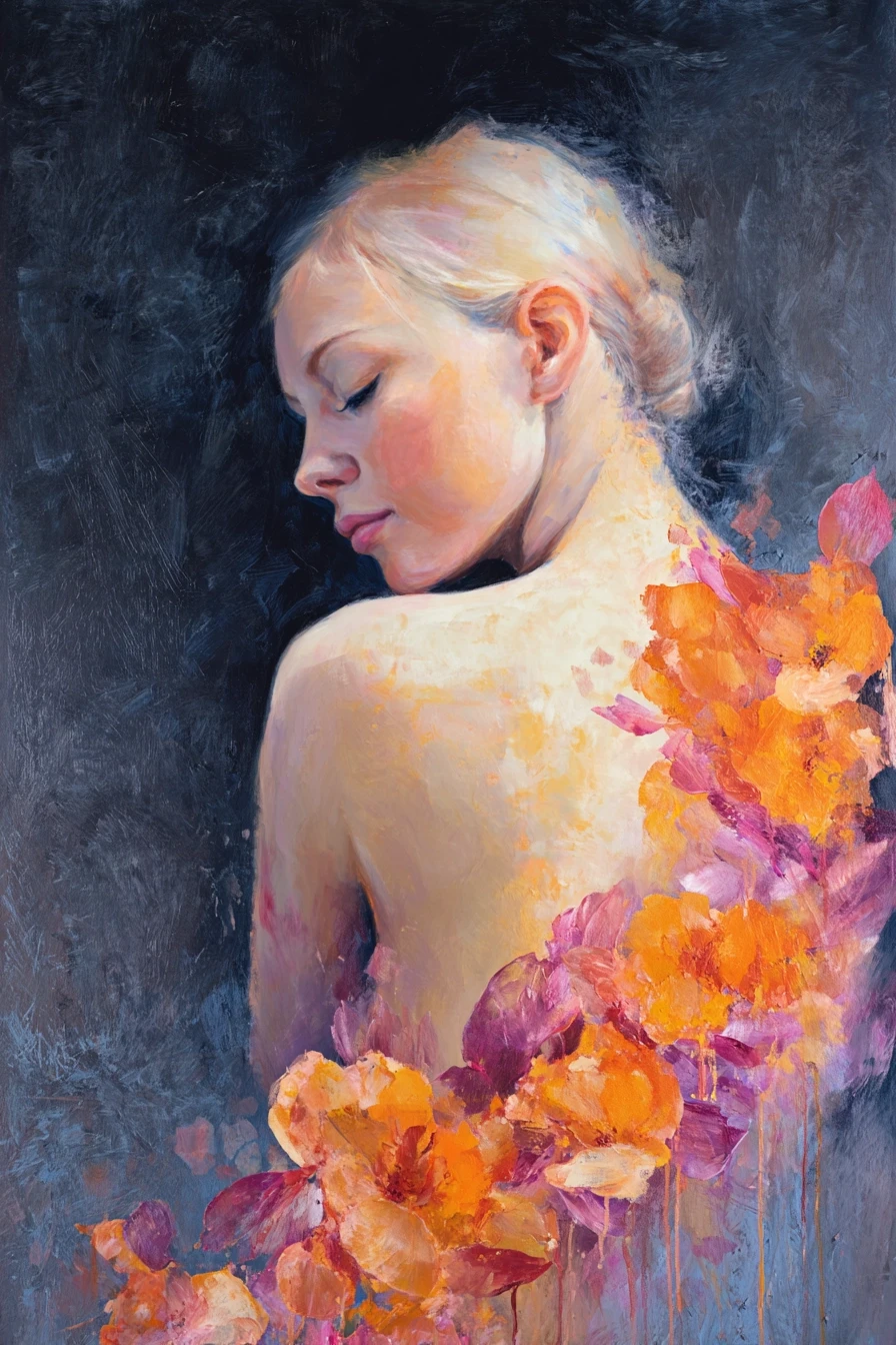 A mixed-media fine art portrait of a beautiful woman viewed from behind in soft profile, her eyes gently closed in calm introspection, with pale porcelain-like skin that glows…