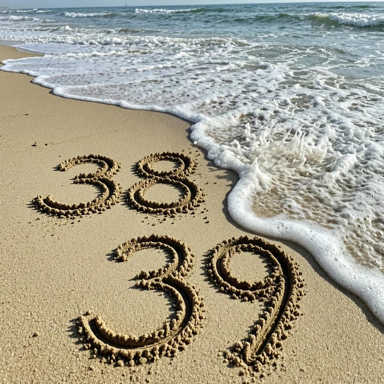 пляж, море, на песке написано 38 накатывает волна и смывает эти буквы, после на песке появляется надпись 39 — работа пользователя Бесподобная Искра