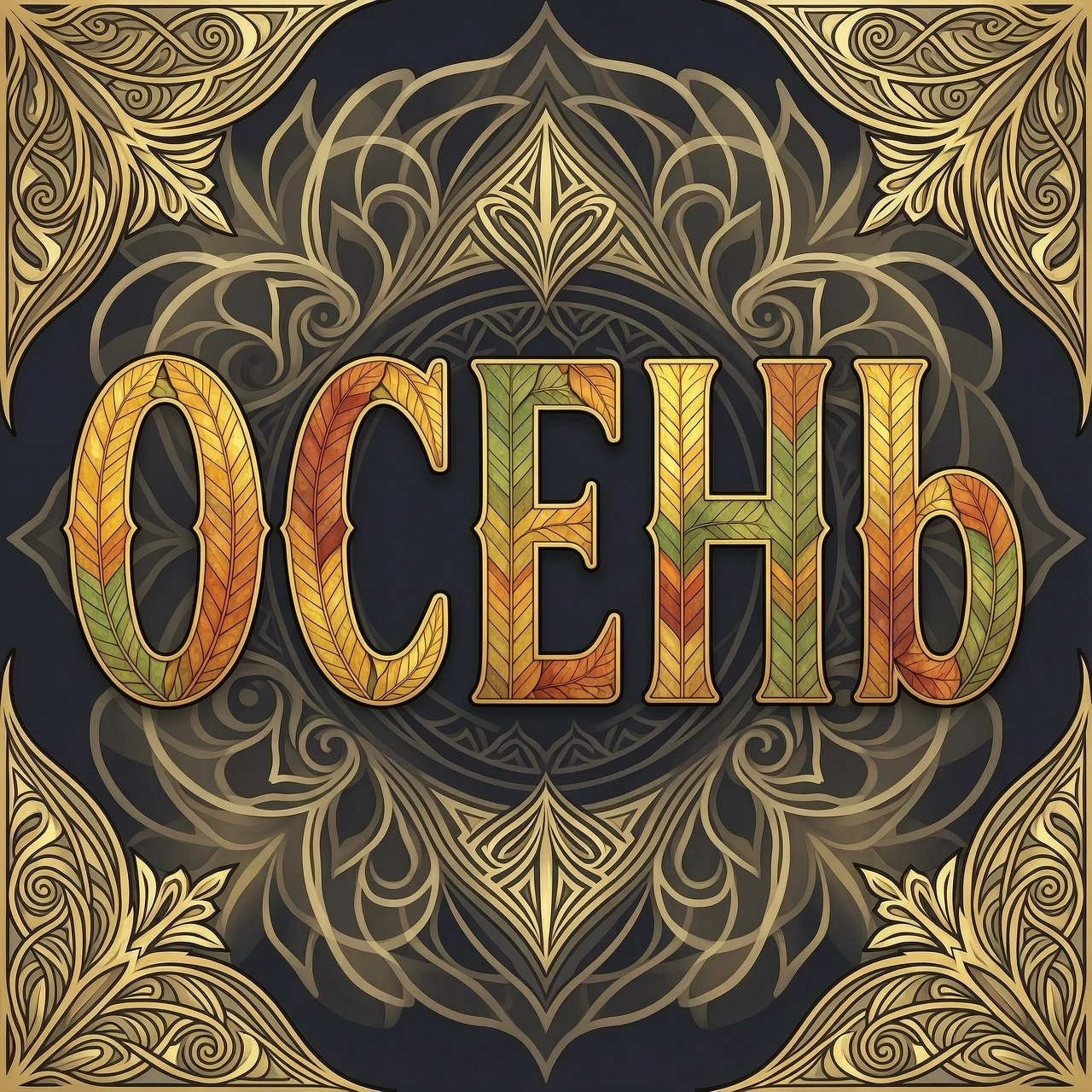 Digital image with double exposure and overlay of layers and textures. Vector graphics. The word "OCEHb" is made of gold, crimson and green skeletonized textured…