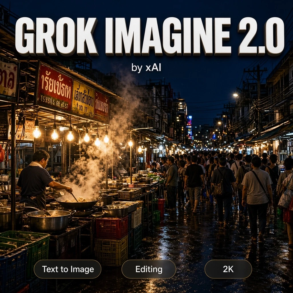 A highly detailed real-life documentary photograph of a packed night street food market in Bangkok, shot at eye level on a 35mm lens: steam rising off woks, hanging incandescent…