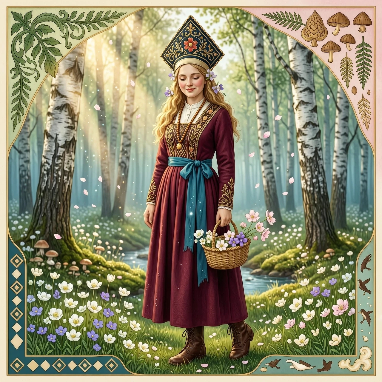 Russian Russians: A detailed portrait of a young woman of Slavic appearance from the 16th century in a traditional long Russian sundress and a traditional Russian cocoanut…