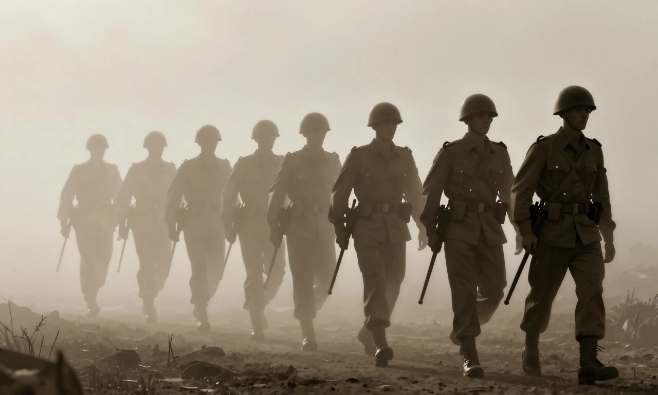 Conceptual image, phantom army silhouette of soldiers marching in fog, ghostly translucent effect, sepia tone — работа пользователя Необыкновенный Фенрир