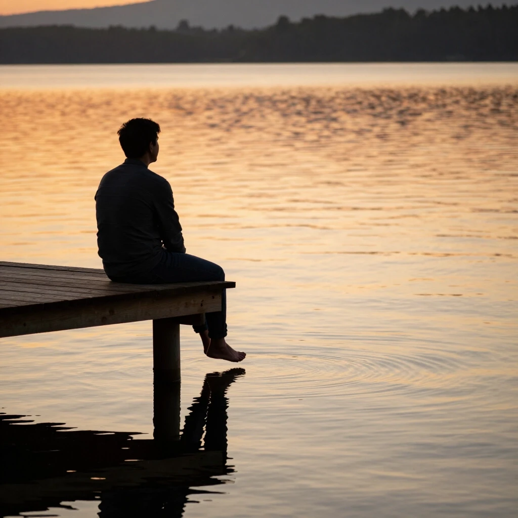 A man sitting alone on a wooden pier at sunset, legs hanging over the water, calm lake surface, warm golden and orange tones, soft light, peaceful atmosphere, no people around,…