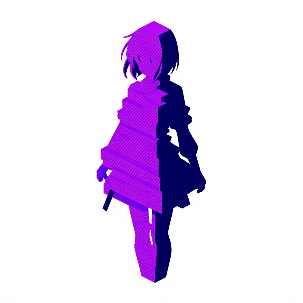 Anime girl silhouette made of horizontal stacked 3D printing layers, FDM layer lines, technical drawing, isometric view, floating geometric art object nearby, cyberpunk colors,…