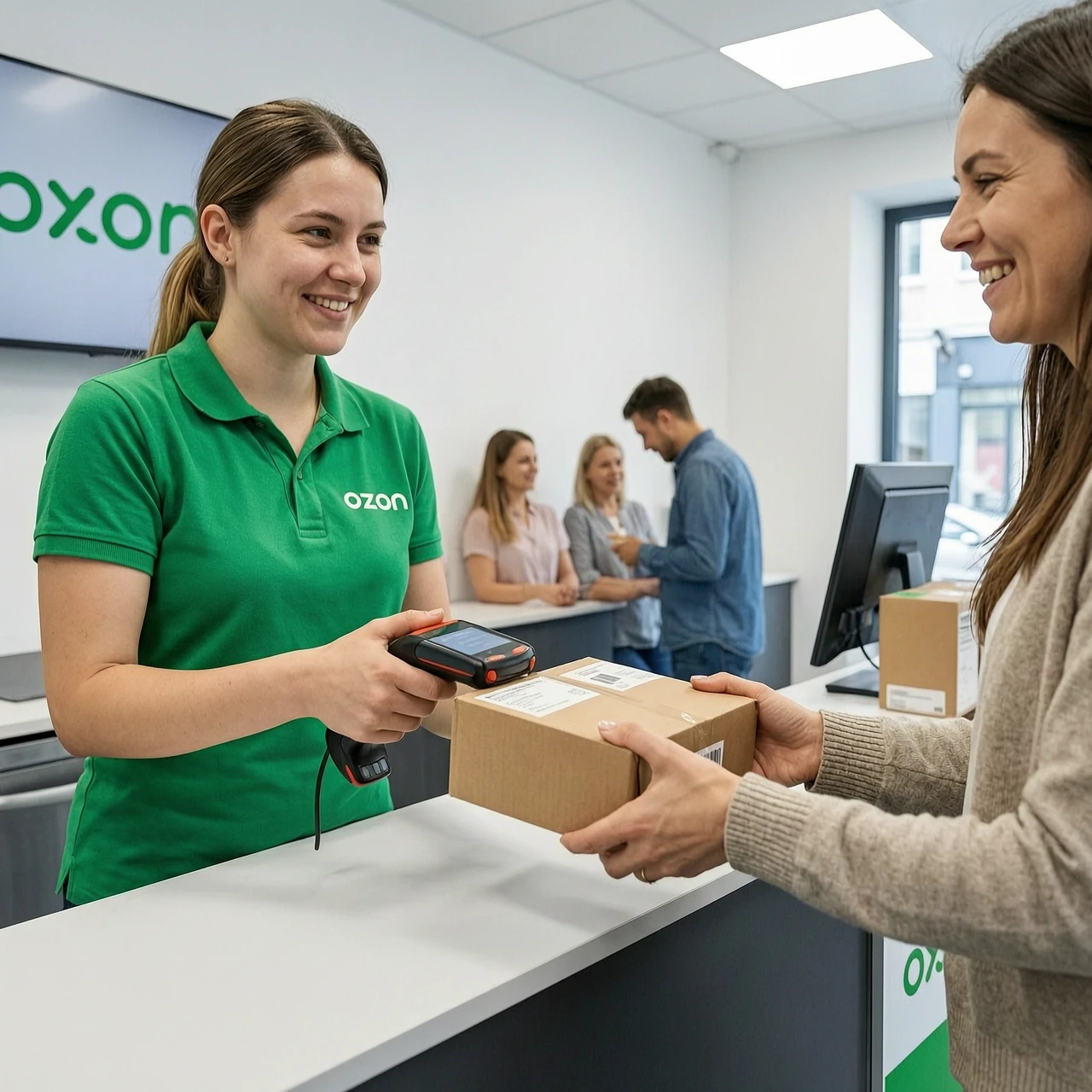 Close-up. An employee in an Ozon green uniform takes a parcel, scans it with a handheld terminal and hands it to a smiling customer over the counter. — работа пользователя…