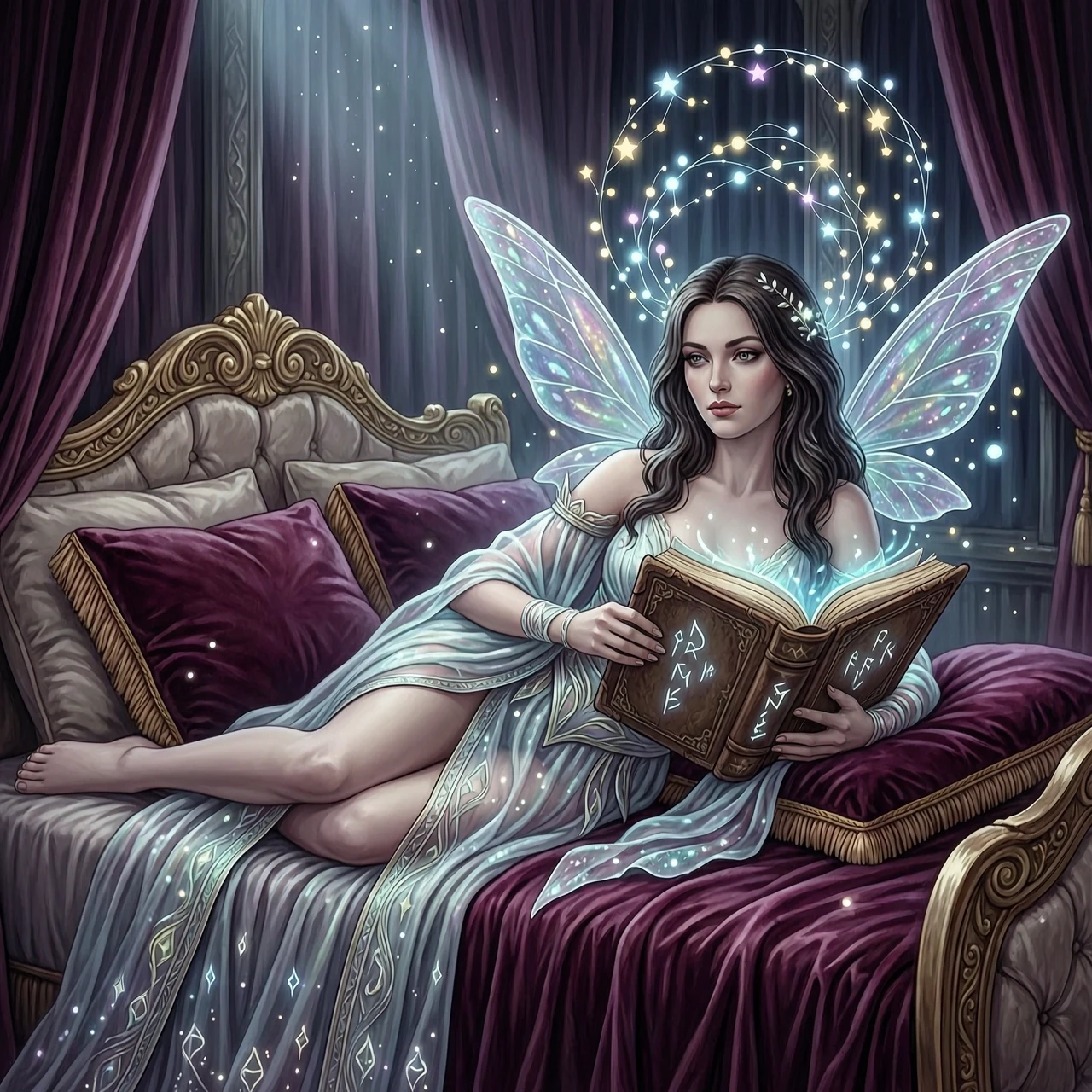 A masterpiece storybook illustration in the signature dark fantasy style of Anne Stokes, depicting a beautiful woman in an intricate, ethereal fairy costume reclining gracefully…