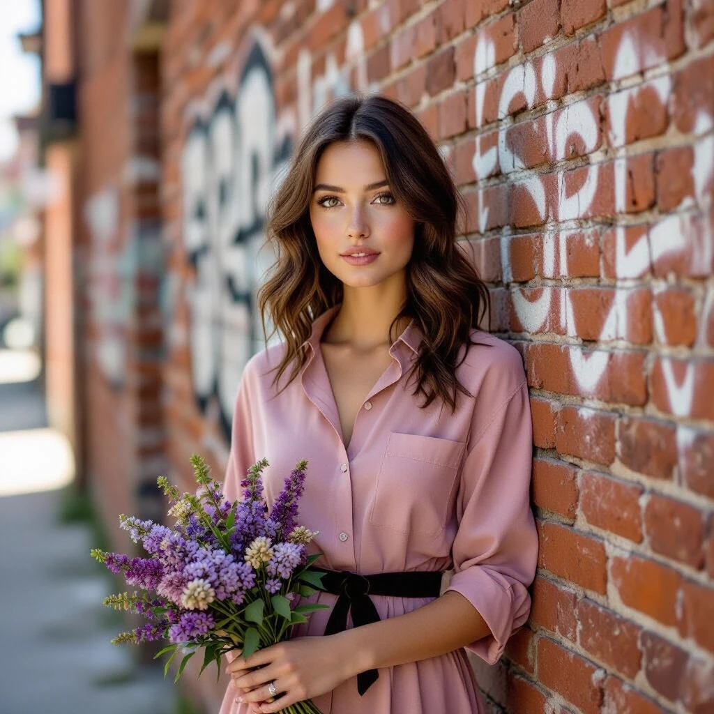 A young woman with wavy dark brown hair and freckles stands against an old brick wall on a narrow city alley. She wears a dusty pink shirtdress with an asymmetrical hem and a…
