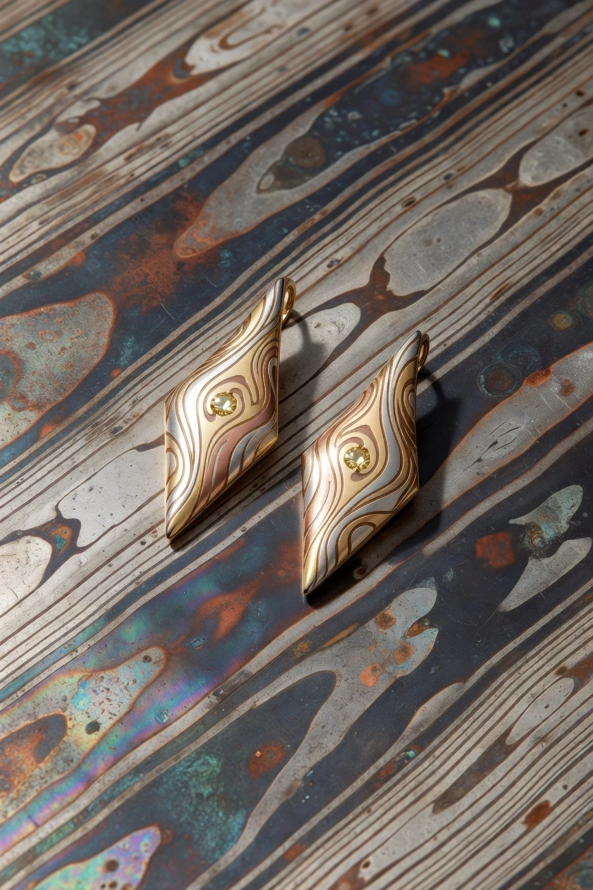 Highly detailed image of a piece of jewelry in the mokume-gane technique. Elegant, smooth, elongated diamond-shaped close-up earrings in Art Nouveau style with a miniature…