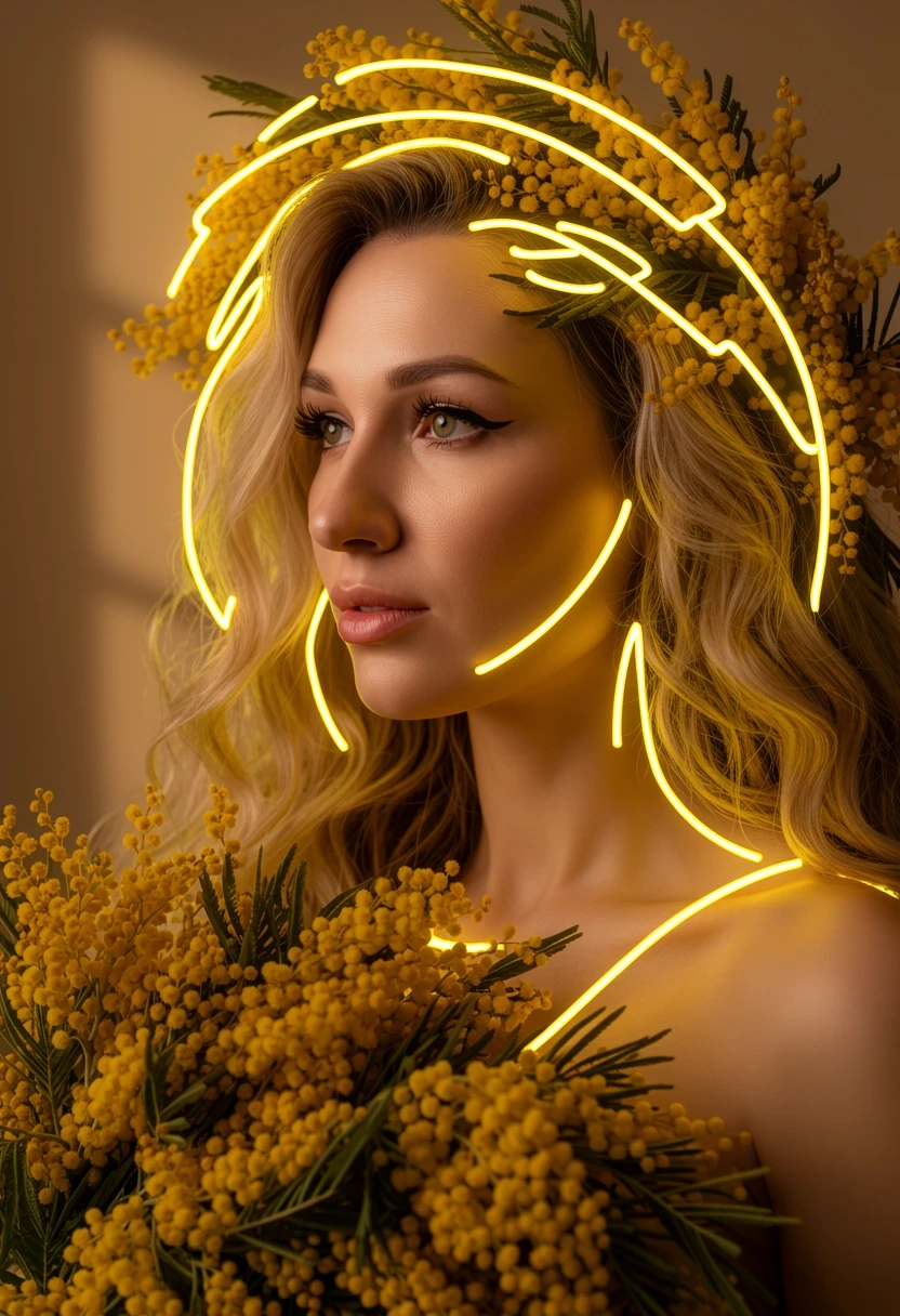 Detailed photo of the girl, with just a few minimal 8mm yellow LED neon lines as elegant accents on top of the flowers. Low density neon, simplified sparse light layout, large…