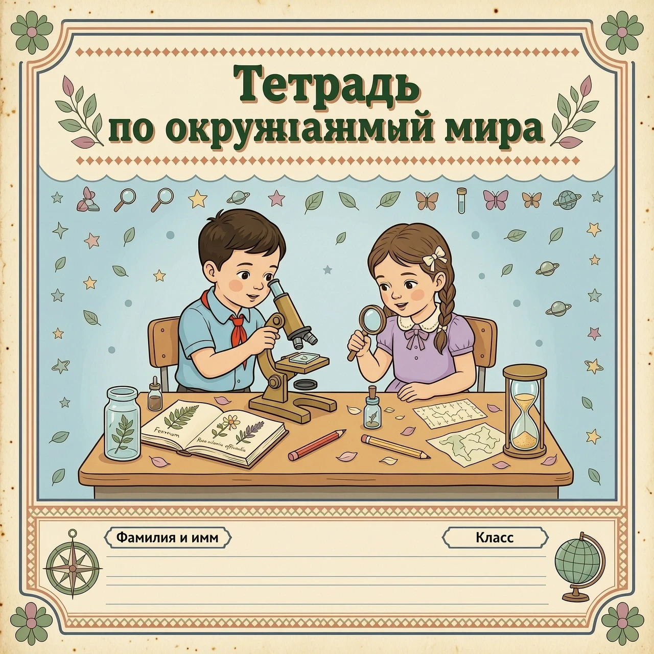 Картинка в винтажном стиле в пастельных тонах . Вверху картинки надпись: Тетрадь по окружающему миру . В центре картинки мальчик и девочка сидят за партой с микроскопом, лупой ,…