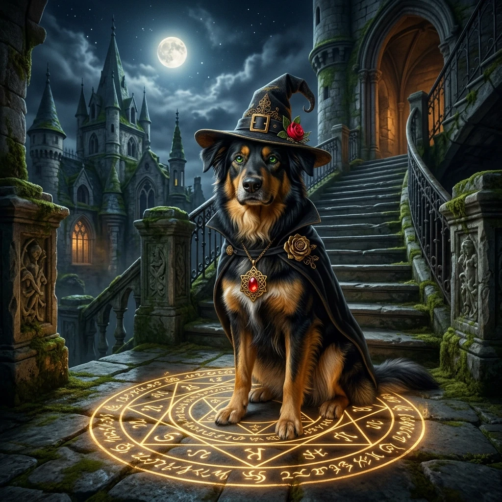 (Background):Moonlit night spires of an ancient stone building with moss growing between the stones. There is a dog sitting on a wide landing at the bottom of a stone staircase.…