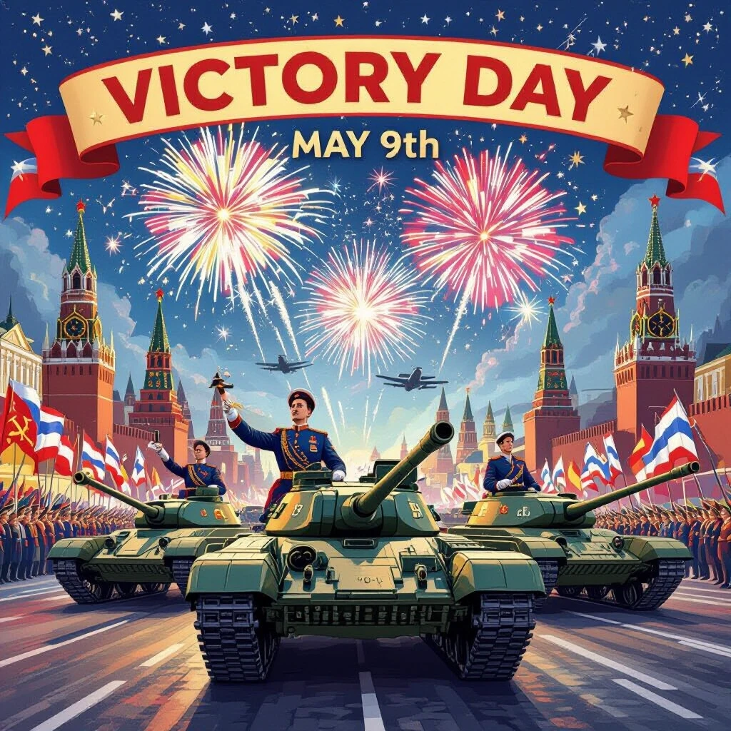 A highly detailed, vibrant illustration celebrating Victory Day on May 9th, featuring a majestic military parade with soldiers in ornate uniforms, grand fireworks illuminating…