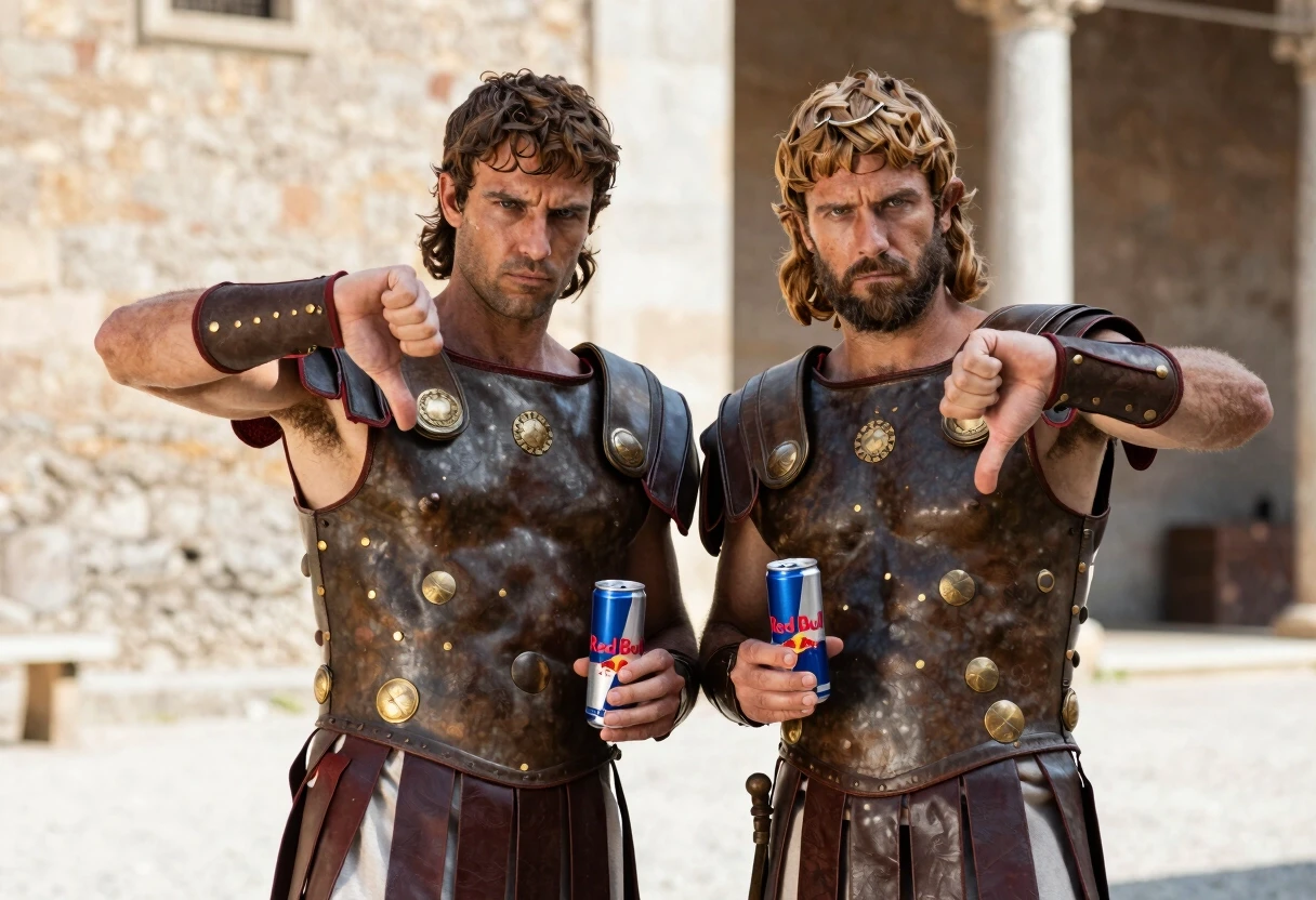 два древнеримских гладиатора стоят и держат в одной руке банку redbull а другой показывают жест большой палец вниз, с серьезным выражнием лица, на фоне солнечная погода — работа…