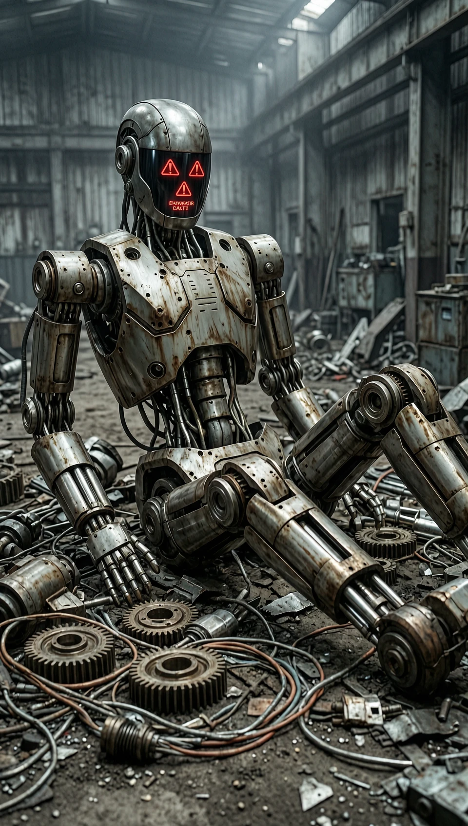 A realistic cinematic shot of a damaged heavy industrial robot experiencing a complete mechanical collapse of its lower extremity locomotion system. The robot on shattered leg…