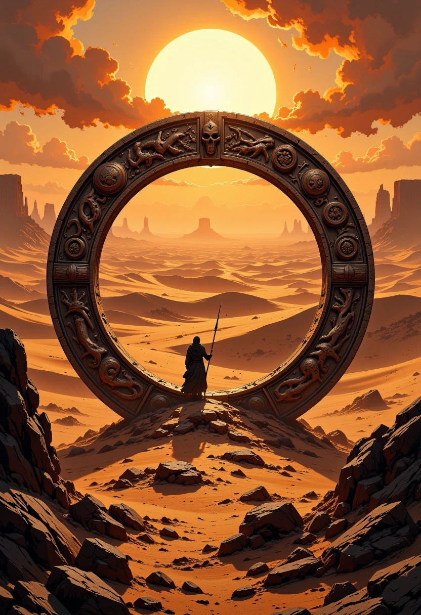 Circular emblem of a wild hunting desert tribe, intricately detailed tribal patterns and primitive totems engraved on weathered sandstone and aged bone, centered in the frame.…