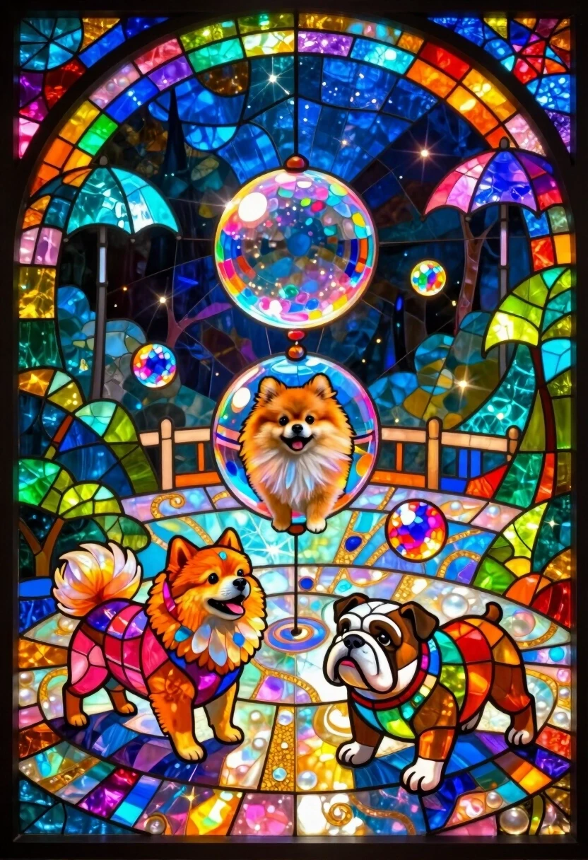 A breathtaking, colorful surreal mosaic mural rendered as a luminous stained glass window, depicting a whimsical and absurd dog talent show. The scene is a feast of vibrant…