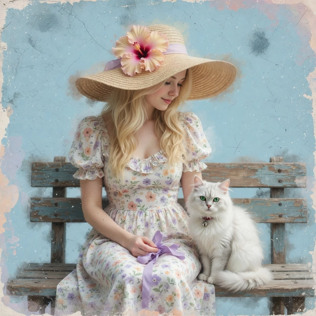 The image is a digital art piece that features a young woman with long blonde hair and a large straw hat with a large flower on top. She is wearing a white dress with a floral…