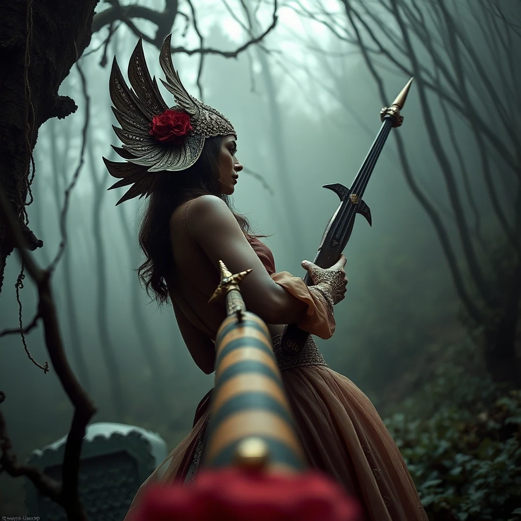 Aristocratic Irresistible Female Hunter, Panorama, Gloomcore, pov, fine artistic composition, magical atmosphere, cinematic perfect intricate stunning fine detail, background…