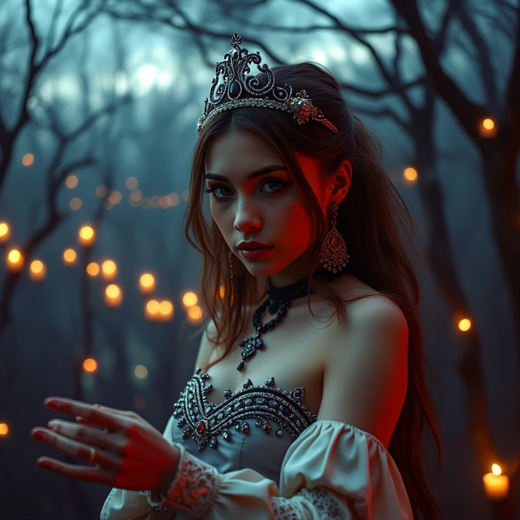 Aristocratic Irresistible Female Hunter, Panorama, Gloomcore, pov, fine artistic composition, magical atmosphere, cinematic perfect intricate stunning fine detail, background…