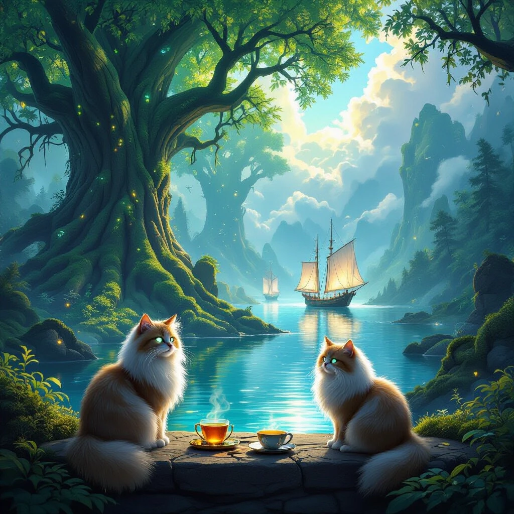 Epic fantasy digital painting, a magical glowing forest with towering ancient trees with bioluminescent leaves, lush green moss, and floating glowing spores. In the distance, a…