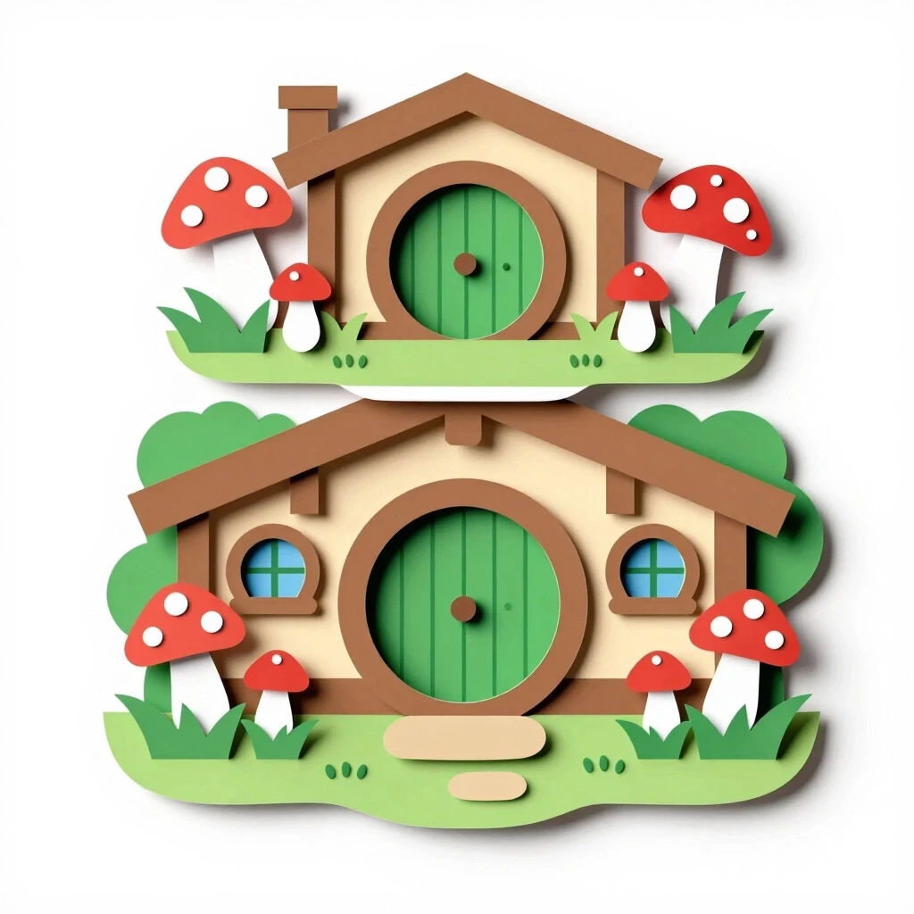 Cozy hobbit house with round green door, surrounded by mushrooms and flowers, multi-layered paper art style papertol, five distinct separated layers, clean sharp contours,…
