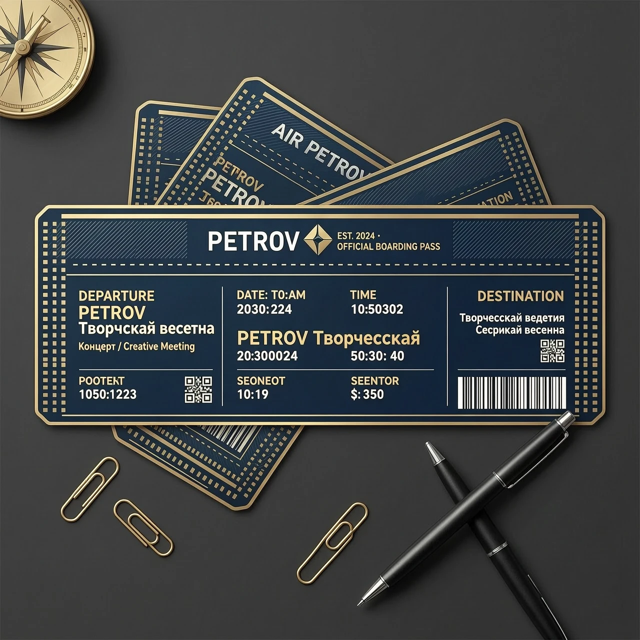 создай пример билета на концерт с надписью "PETROV Творческая встреча" в виде посадочного талона на самолёт — работа пользователя Оригинальная Искра