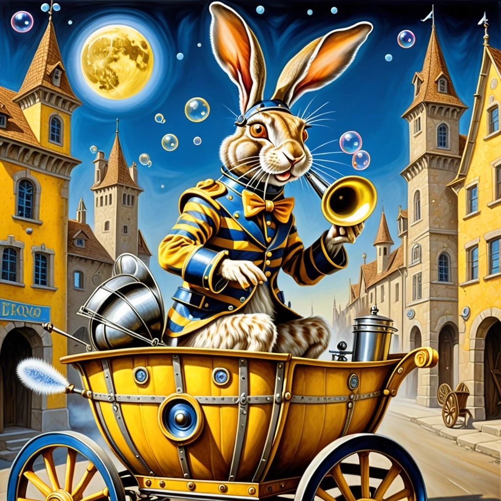 ушастый полосатый заяц в остроконечном металлическом шлеме сидит в желтой открытой карете держа в лапах играющий граммофон из которого вылетают мыльные пузыри на фоне голубого…