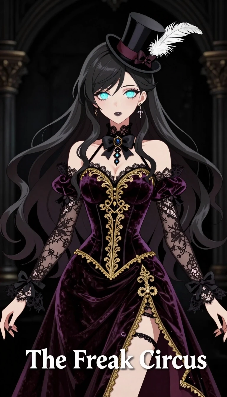 2D Anime Visual novel character sprite style, elegant gothic fortune teller woman, "The Freak Circus" aesthetic, long flowing dark hair, mesmerizing glowing eyes,…