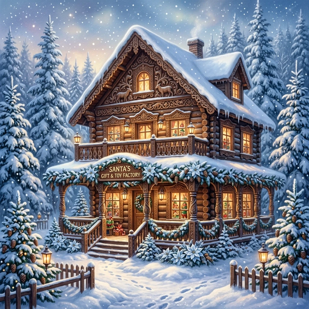 A carved house with a balcony and a veranda, comfortably located in a winter forest surrounded by fluffy fir trees under large spreading branches. Bright white poinsettias and…