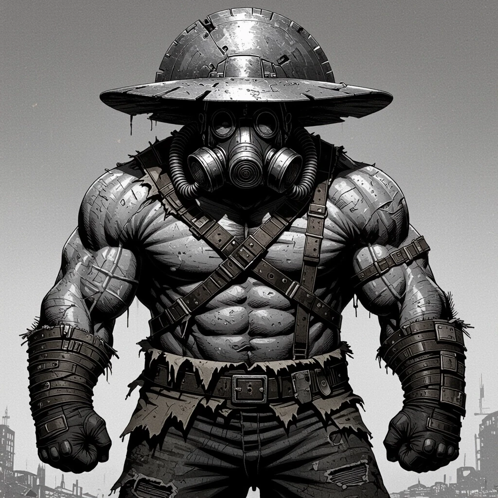 A hulking, massively muscular giant of a man, a post-apocalyptic trader with an enormous, heavily built physique, broad shoulders like a bull, his entire body wrapped in a…