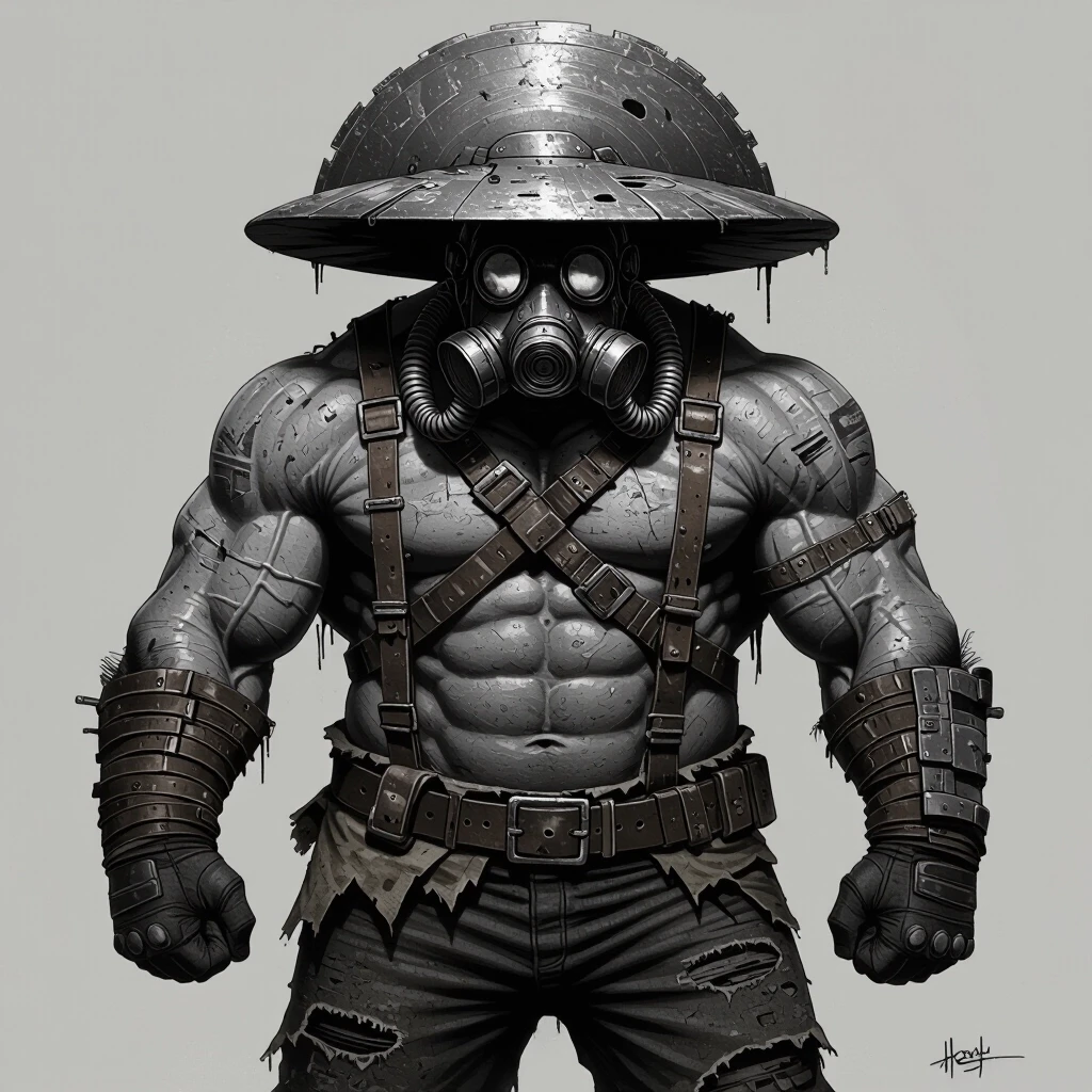 A hulking, massively muscular giant of a man, a post-apocalyptic trader with an enormous, heavily built physique, broad shoulders like a bull, his entire body wrapped in a…