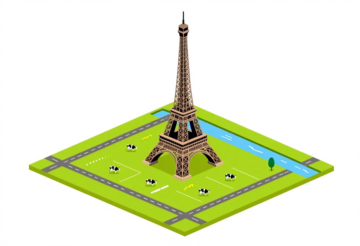 Award-winning professional photo. Isometric view. Minimalism, clean colors. A rural landscape featuring open fields with grazing cows, roads, and a river; the Eiffel Tower rises…