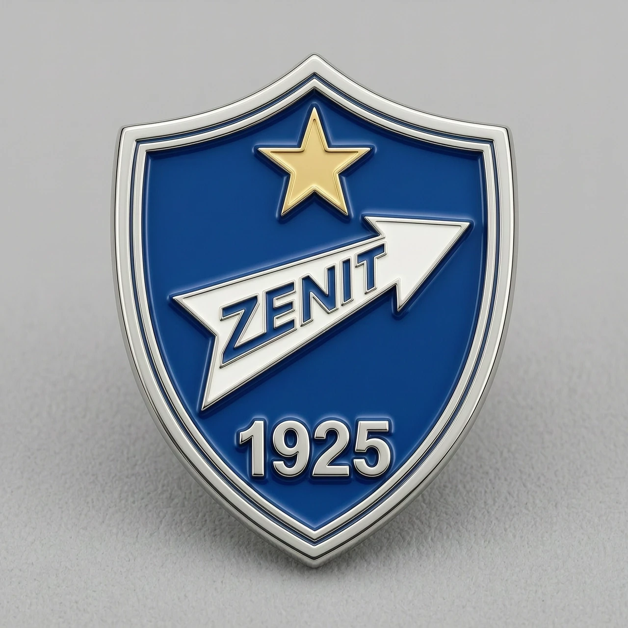 Metal badge in the shape of a classic shield. In the center of the shield is the "Zenit" football club arrow logo. Above the arrow is a gold star. At the bottom of the…