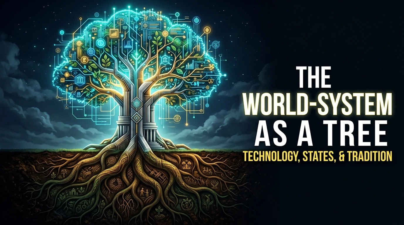 A 16:9 YouTube thumbnail illustration of the "world-system as a tree" metaphor. The upper canopy forms a luminous, network-like crown of glowing data streams,…