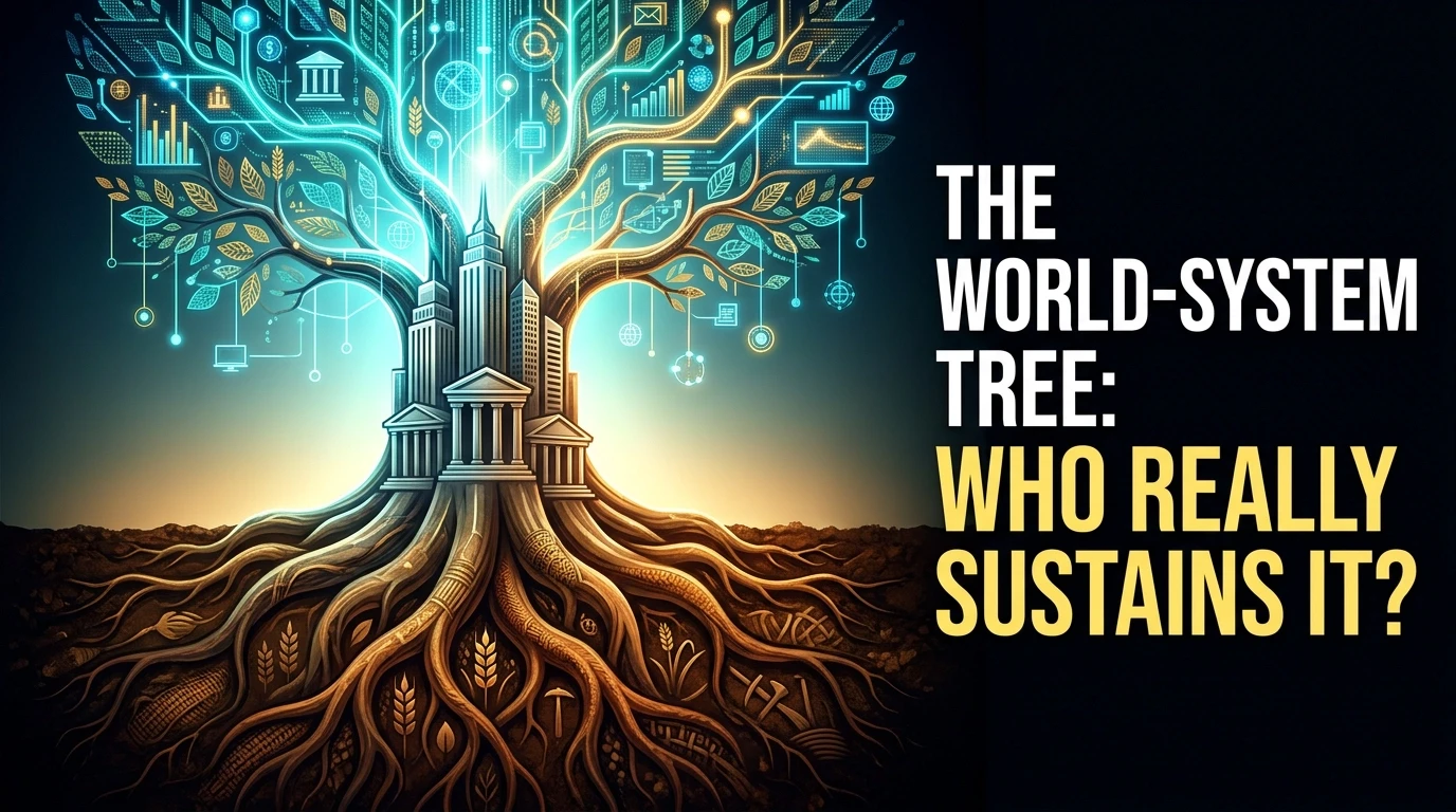 A 16:9 YouTube thumbnail illustration of the "world-system as a tree" metaphor. The upper canopy forms a luminous, network-like crown of glowing data streams,…