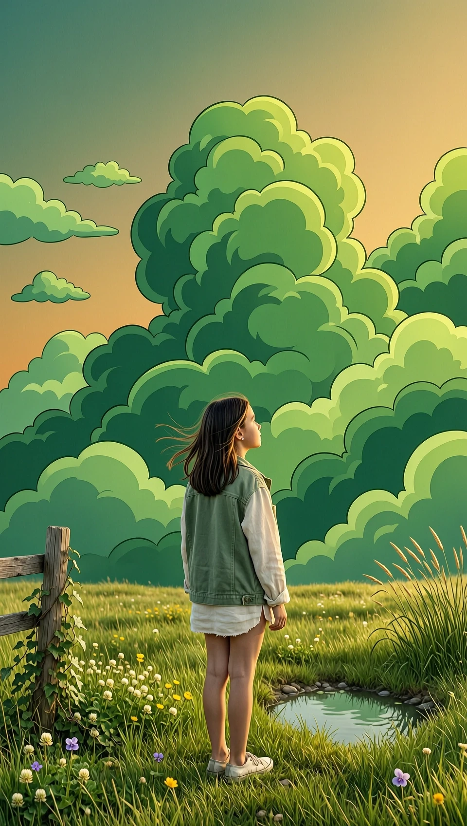 Create a realistic photo in a cartoon style. A girl with dark hair is standing with her back to the camera. She is standing in a field and looking at the green, dense clouds. —…
