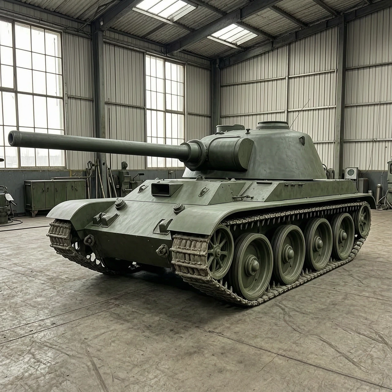 A realistic military photo of a Soviet T-44 tank hull, but heavily modified for a rear-turret layout. The low-profile, sleek hull of the T-44 is clearly recognizable with its…