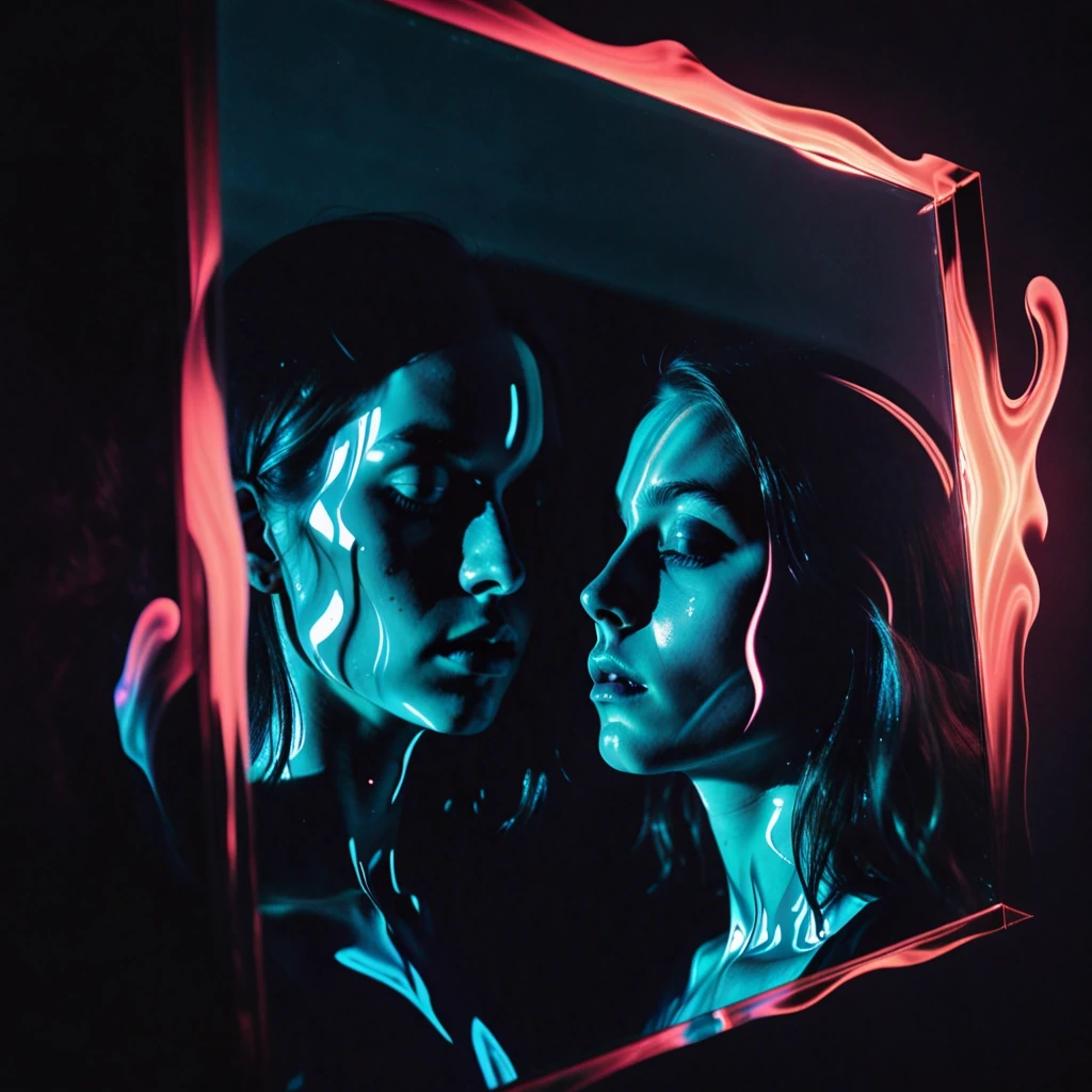 Surreal rock album cover. A close-up of a mirror in the dark. The reflection of a guy and a girl is melting and swirling like liquid, blending their silhouettes together. Glitch…