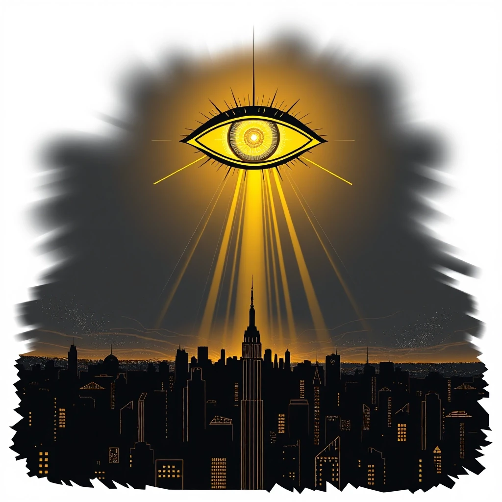 A giant celestial eye in the sky above a dark city silhouette, golden light beams descending, comic book style with cinematic dramatic lighting, dark graphic novel aesthetic,…