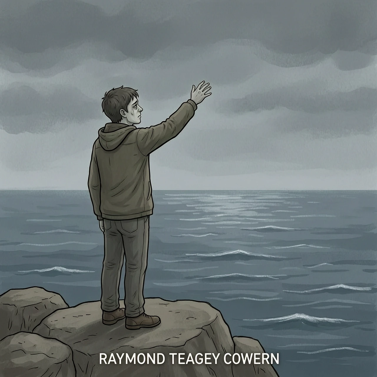 arafed man standing on a rock looking out at the ocean, facebook profile picture, atmospheric render, by Raymond Teague Cowern, reaching towards the heavens, unconnected, flat…